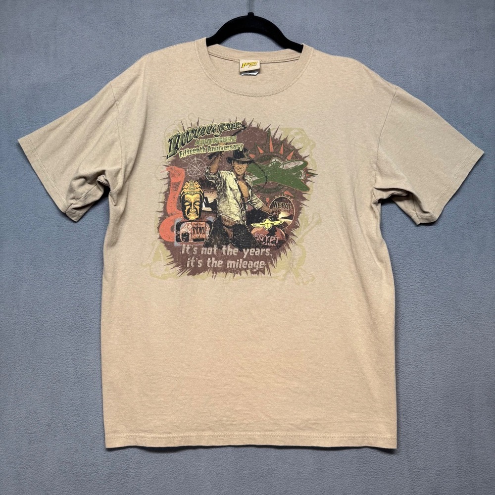 Indiana Jones Adventure 15th Anniversary‎ Graphic T-Shirt Size L Tan Movie Promo